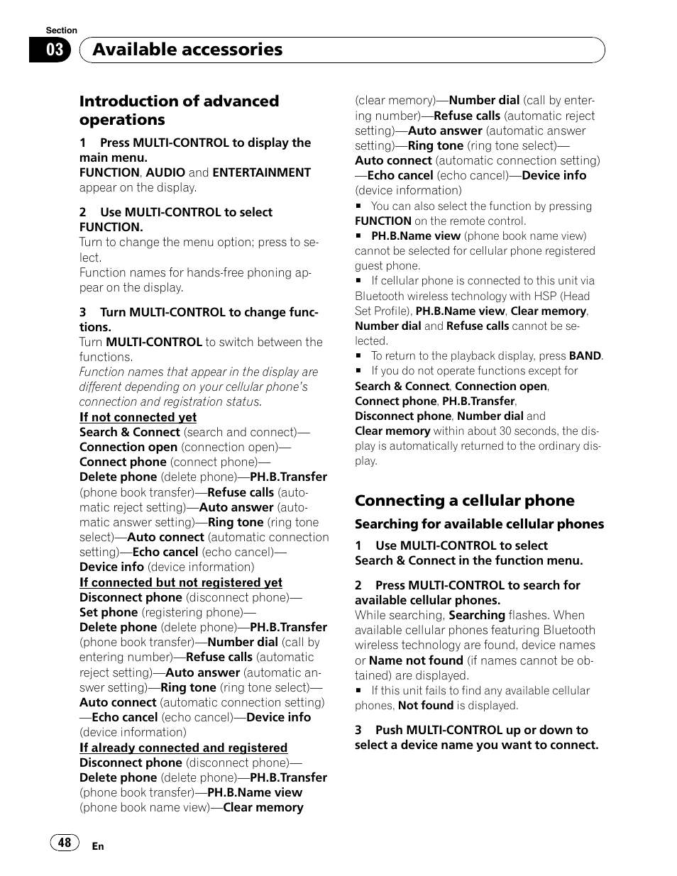 Available accessories, Introduction of advanced operations, Connecting a cellular phone | Pioneer DEH-P6900UB User Manual | Page 48 / 81
