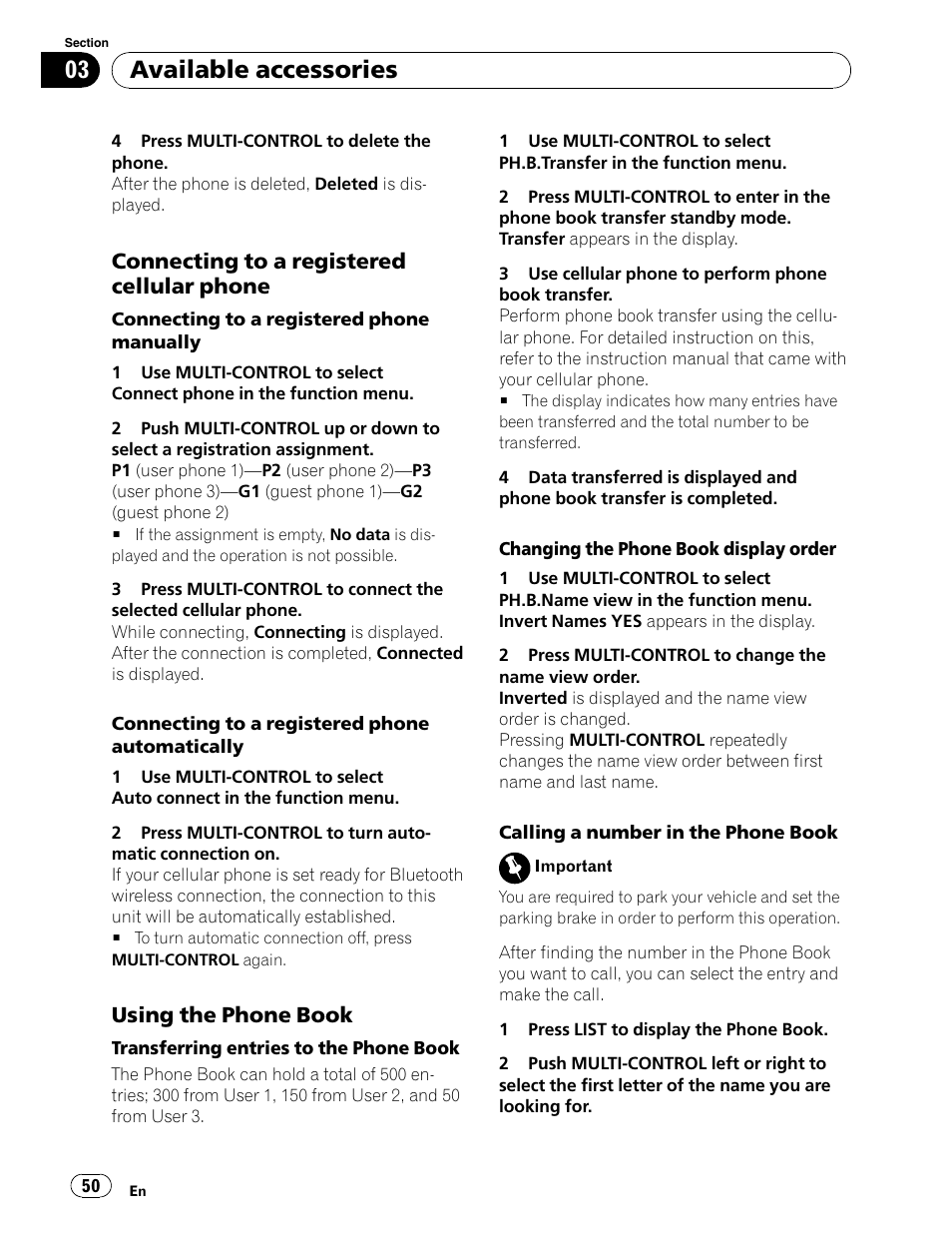 Available accessories, Connecting to a registered cellular phone, Using the phone book | Pioneer DEH-P6900UB User Manual | Page 50 / 81