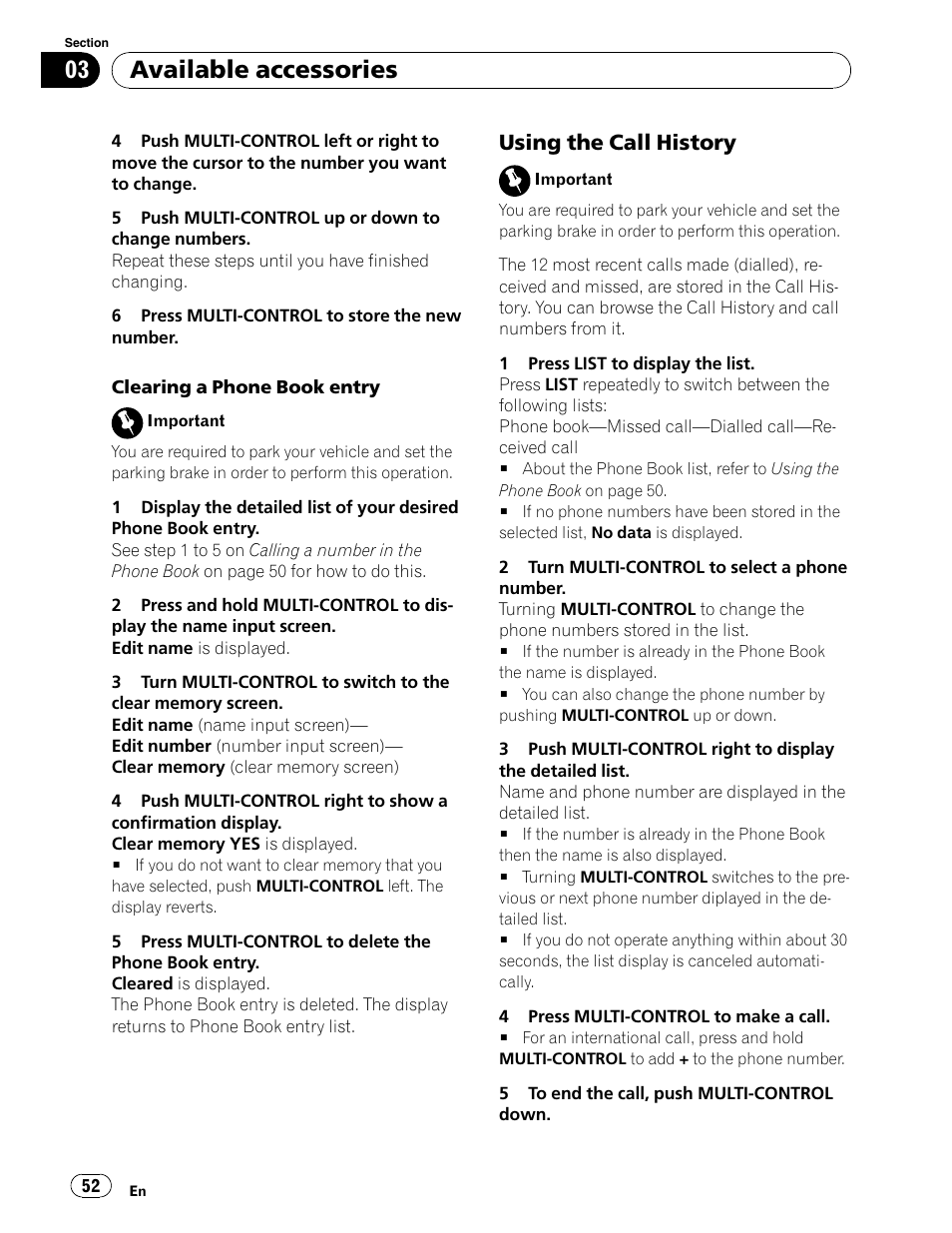 Available accessories, Using the call history | Pioneer DEH-P6900UB User Manual | Page 52 / 81