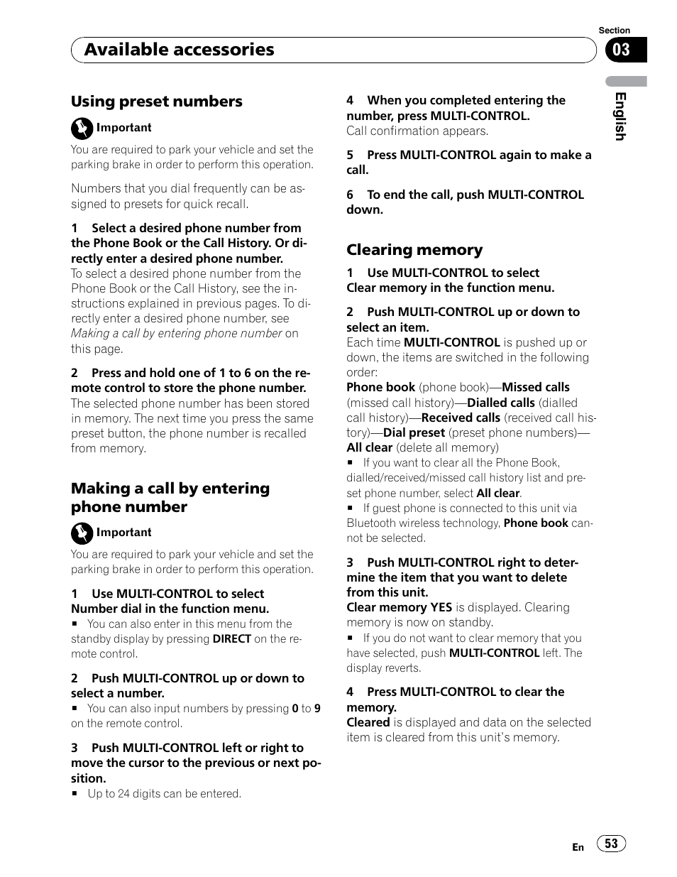 Available accessories, Using preset numbers, Making a call by entering phone number | Pioneer DEH-P6900UB User Manual | Page 53 / 81