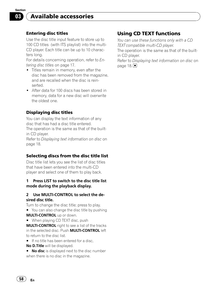 Available accessories, Using cd text functions | Pioneer DEH-P6900UB User Manual | Page 58 / 81