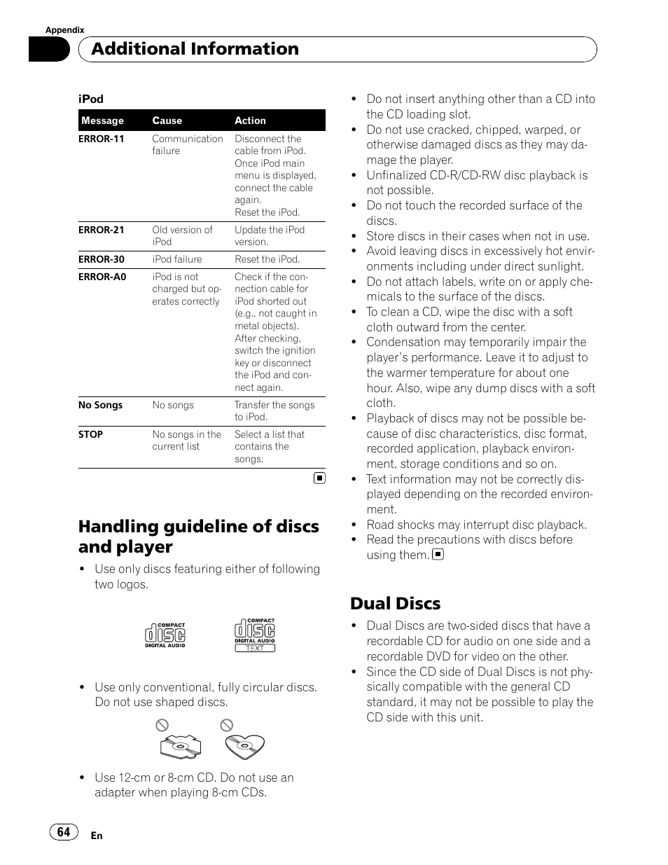 Disc compatibility, Handling guideline of discs and player, Dual discs | Additional information | Pioneer DEH-P6900UB User Manual | Page 64 / 81