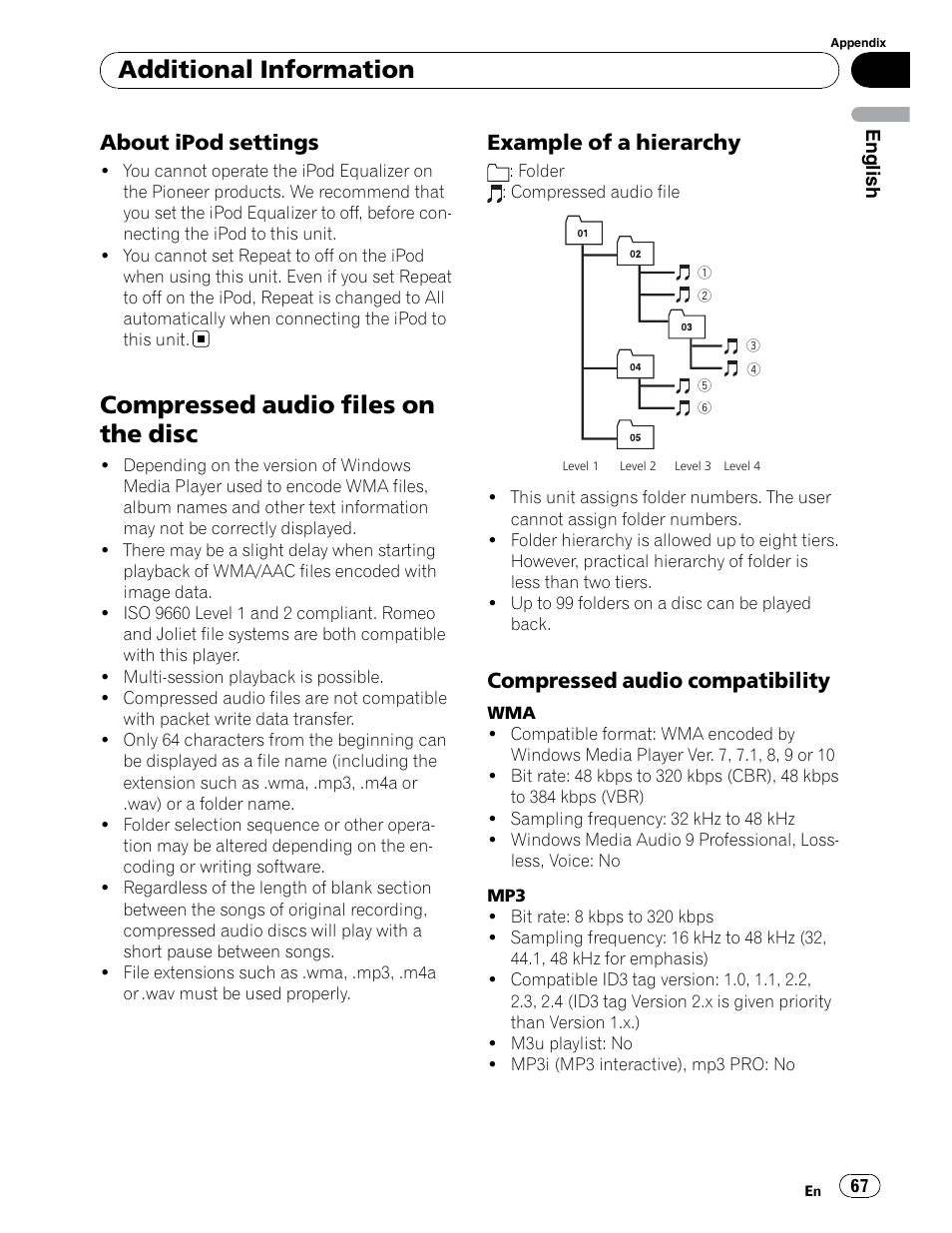 Compressed audio files on the disc, Additional information, About ipod settings | Example of a hierarchy, Compressed audio compatibility | Pioneer DEH-P6900UB User Manual | Page 67 / 81