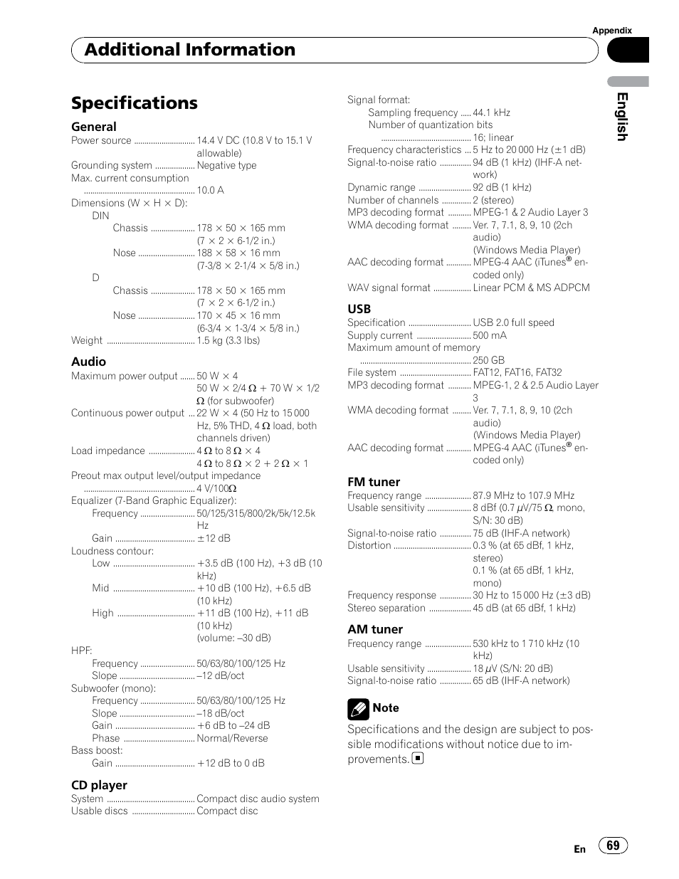 Specs, Specifications, Additional information | English | Pioneer DEH-P6900UB User Manual | Page 69 / 81