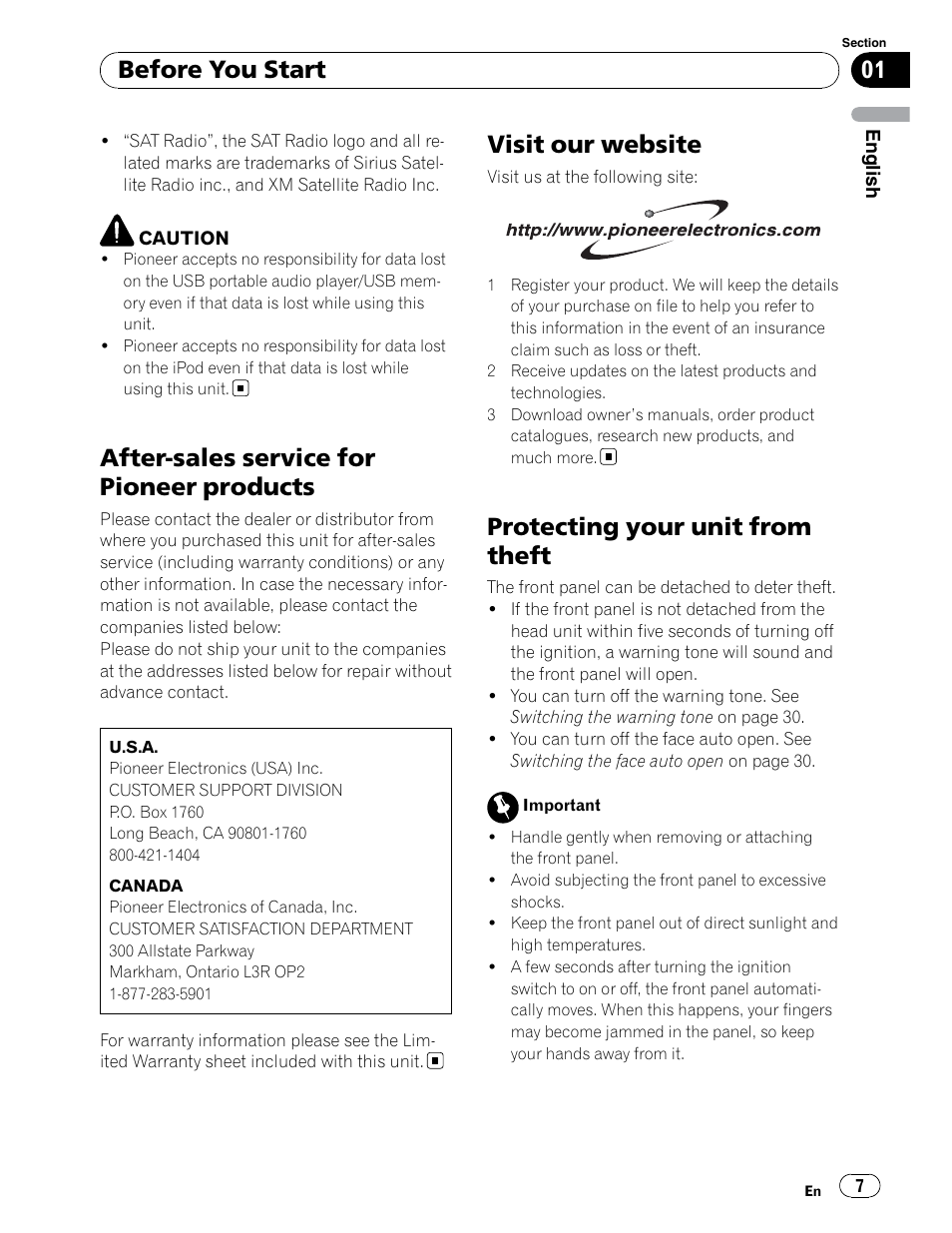 After-sales service for pioneer products, Visit our website, Protecting your unit from theft | Before you start | Pioneer DEH-P6900UB User Manual | Page 7 / 81