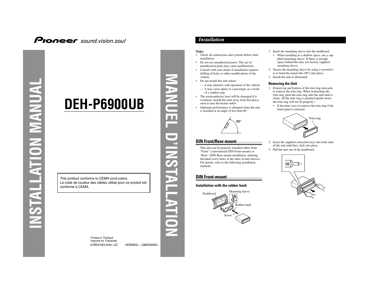 Installation manual, Removing trim ring / unit, Din mount | Inst alla tion manual manuel d’inst alla tion, Deh-p6900ub | Pioneer DEH-P6900UB User Manual | Page 71 / 81