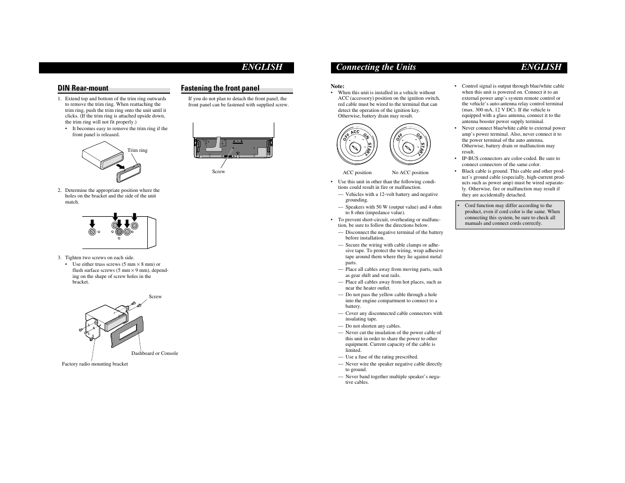 Iso mount, English, Connecting the units english | Din rear-mount, Fastening the front panel | Pioneer DEH-P6900UB User Manual | Page 72 / 81