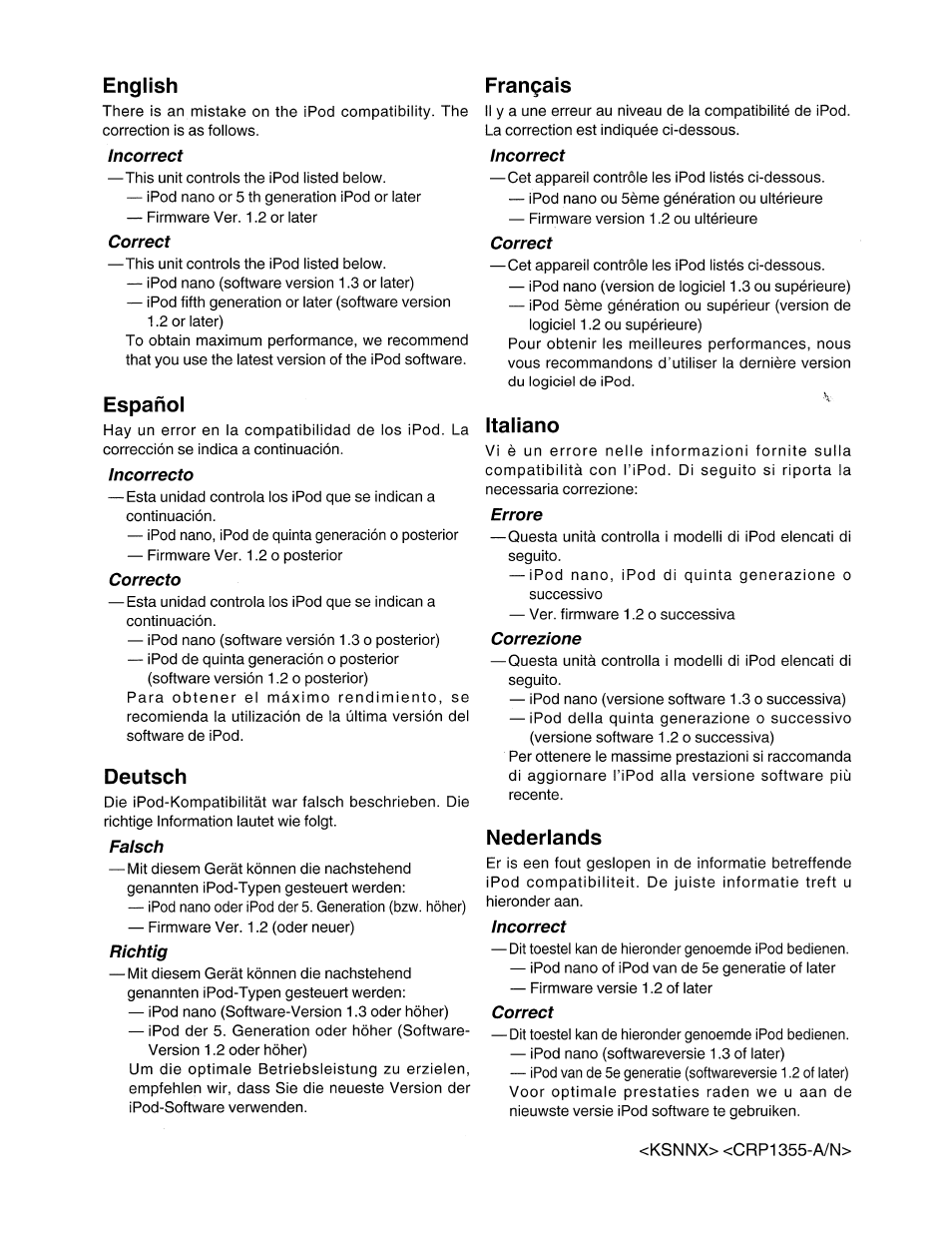 Correction to manual - ipod compatibility | Pioneer DEH-P6900UB User Manual | Page 78 / 81
