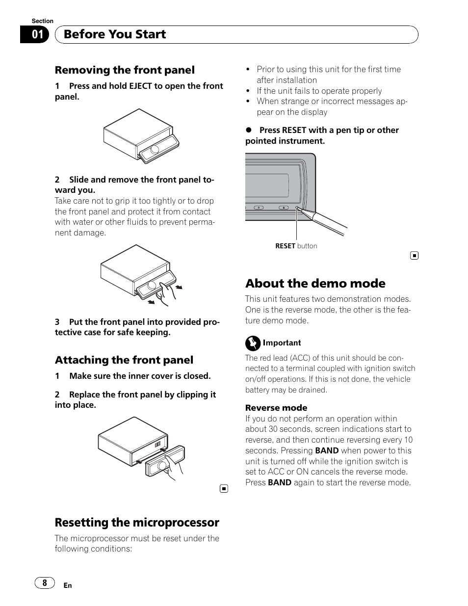 Reset, Demo mode, Reverse mode | Removing / attaching the faceplate, Resetting the microprocessor, About the demo mode, Before you start | Pioneer DEH-P6900UB User Manual | Page 8 / 81