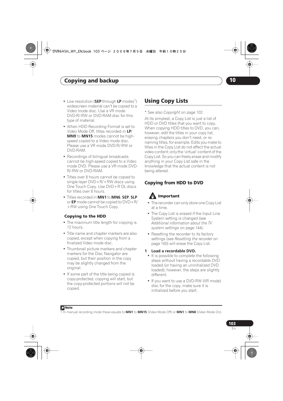 Copying and backup 10, Using copy lists | Pioneer DVR-545H-S User Manual | Page 103 / 163