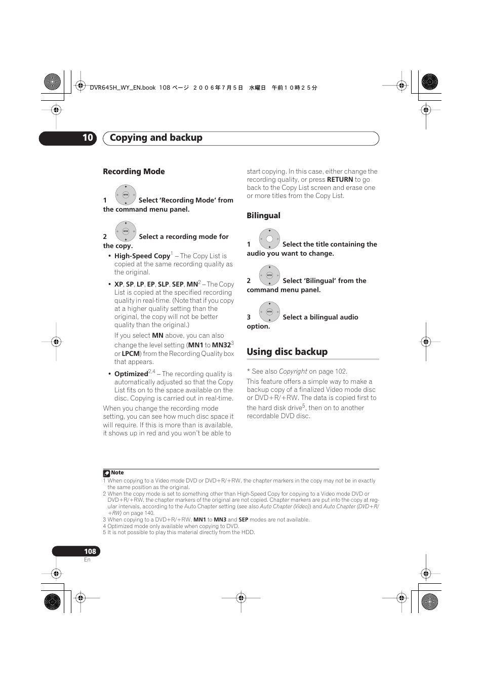 Copying and backup 10, Using disc backup | Pioneer DVR-545H-S User Manual | Page 108 / 163