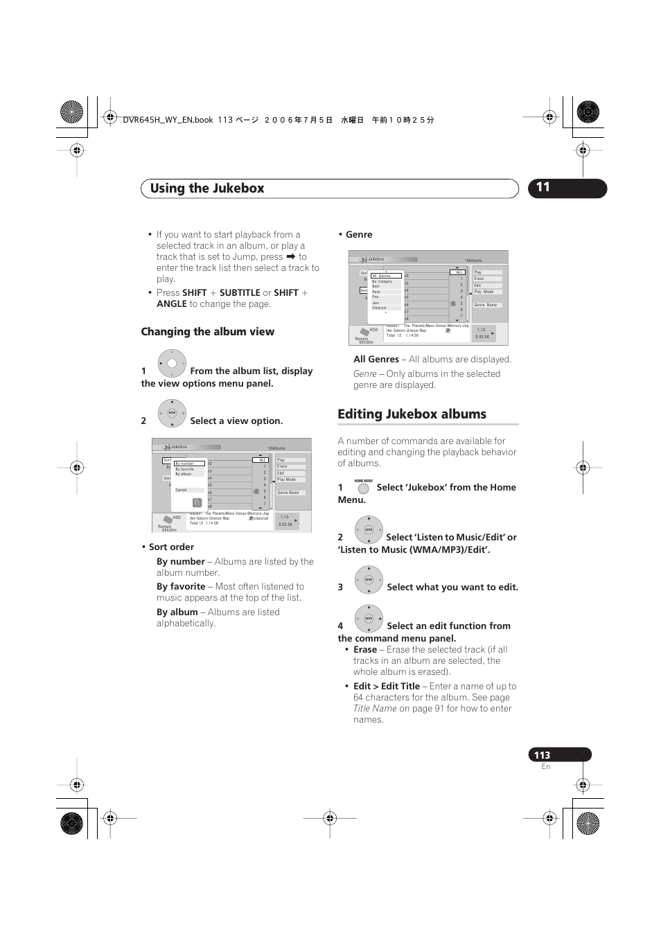 Using the jukebox 11, Editing jukebox albums, Changing the album view | Shift, Subtitle, Angle, Sort order by number, Albums are listed by the album number, By favorite, By album | Pioneer DVR-545H-S User Manual | Page 113 / 163