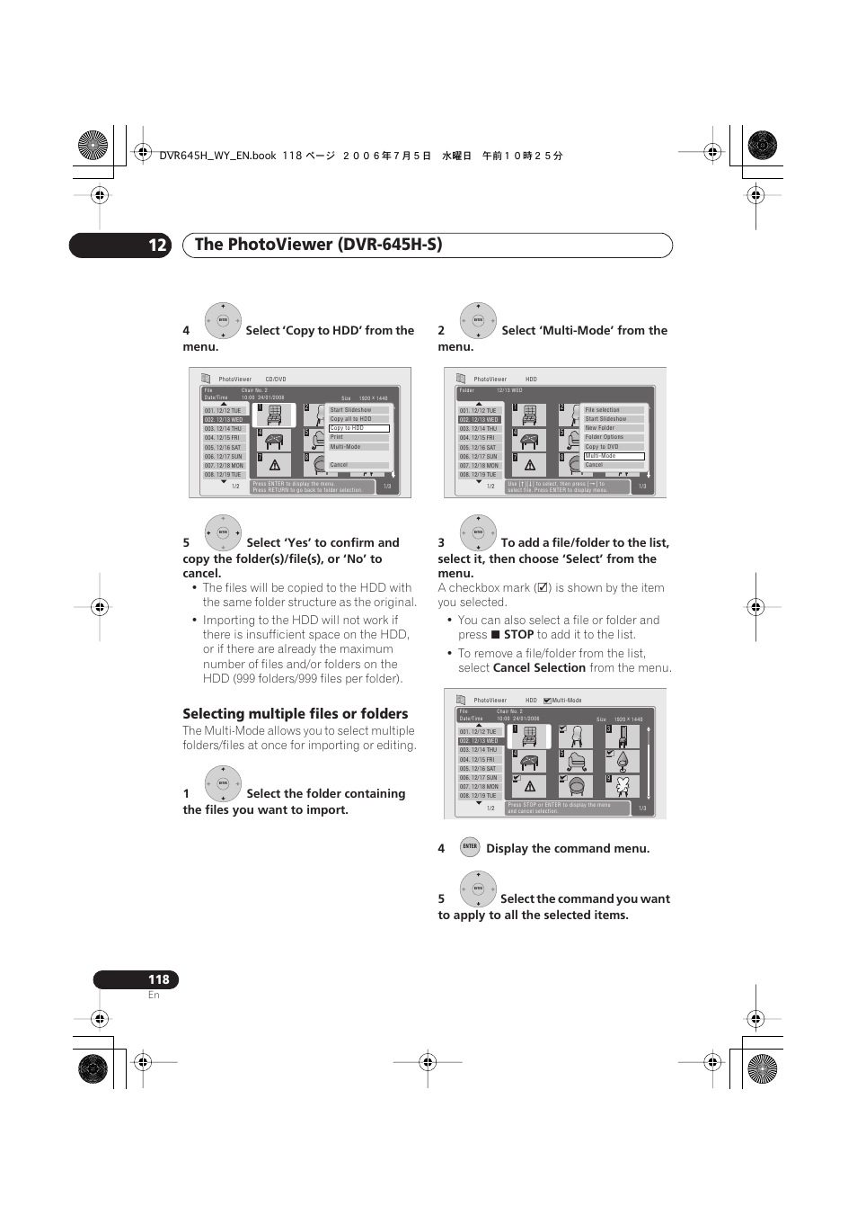 Selecting multiple files or folders, A checkbox mark, Stop | Cancel selection | Pioneer DVR-545H-S User Manual | Page 118 / 163