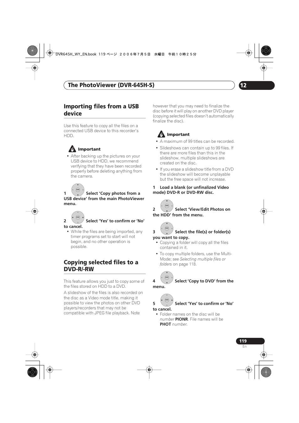 Importing files from a usb, Device, Copying selected files to a | Dvd-r/-rw | Pioneer DVR-545H-S User Manual | Page 119 / 163