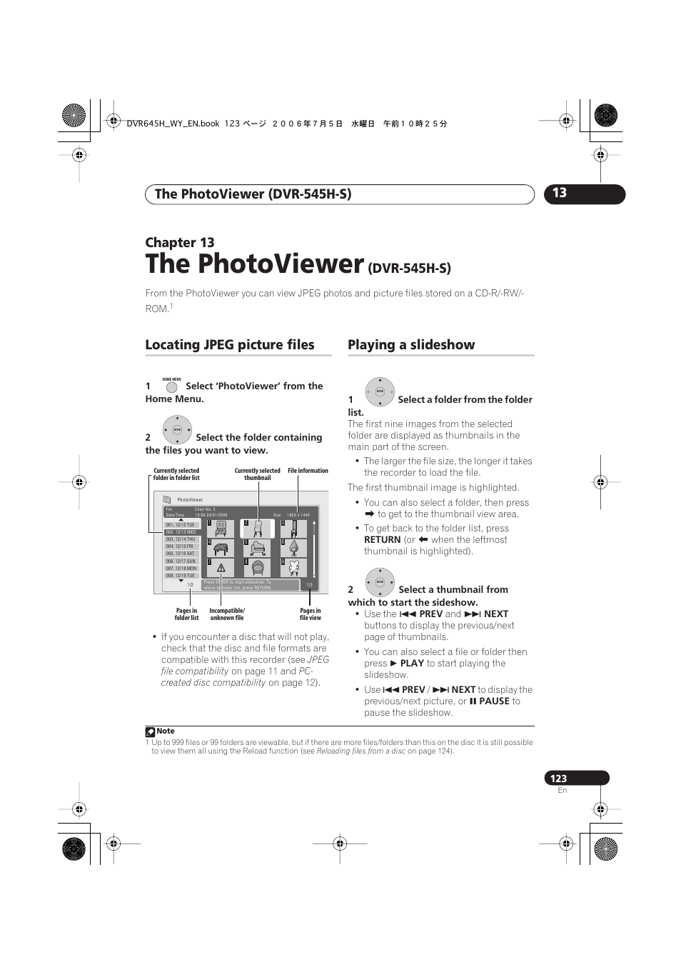 The photoviewer, Chapter 13, Dvr-545h-s) | Locating jpeg picture files, Playing a slideshow | Pioneer DVR-545H-S User Manual | Page 123 / 163