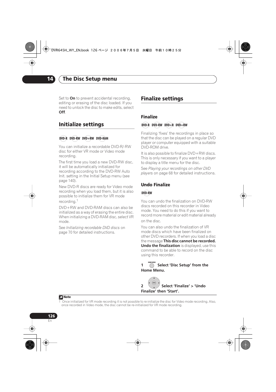 The disc setup menu 14, Initialize settings, Finalize settings | Pioneer DVR-545H-S User Manual | Page 126 / 163