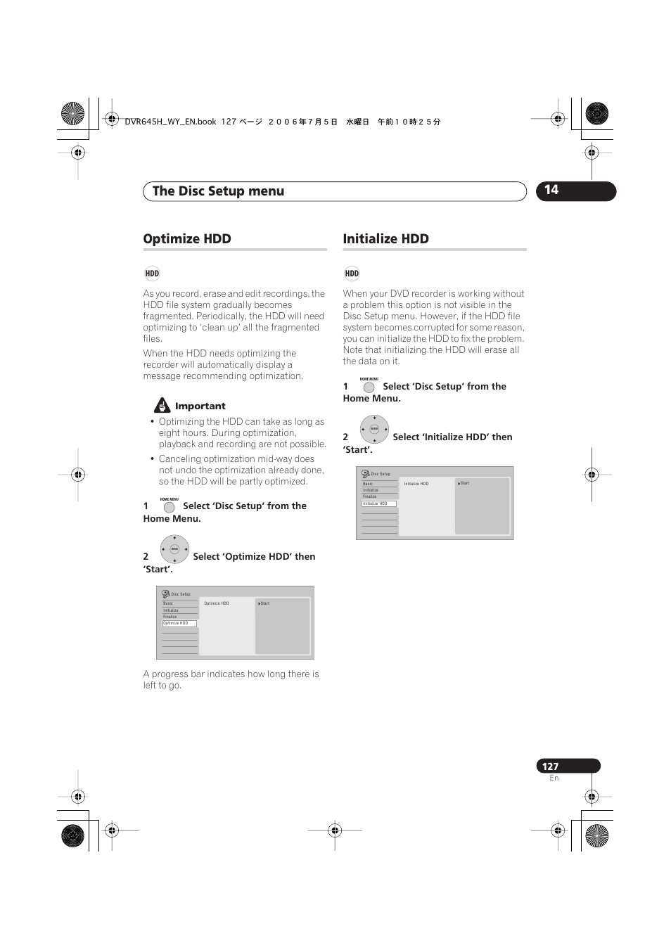 The disc setup menu 14, Optimize hdd, Initialize hdd | Pioneer DVR-545H-S User Manual | Page 127 / 163