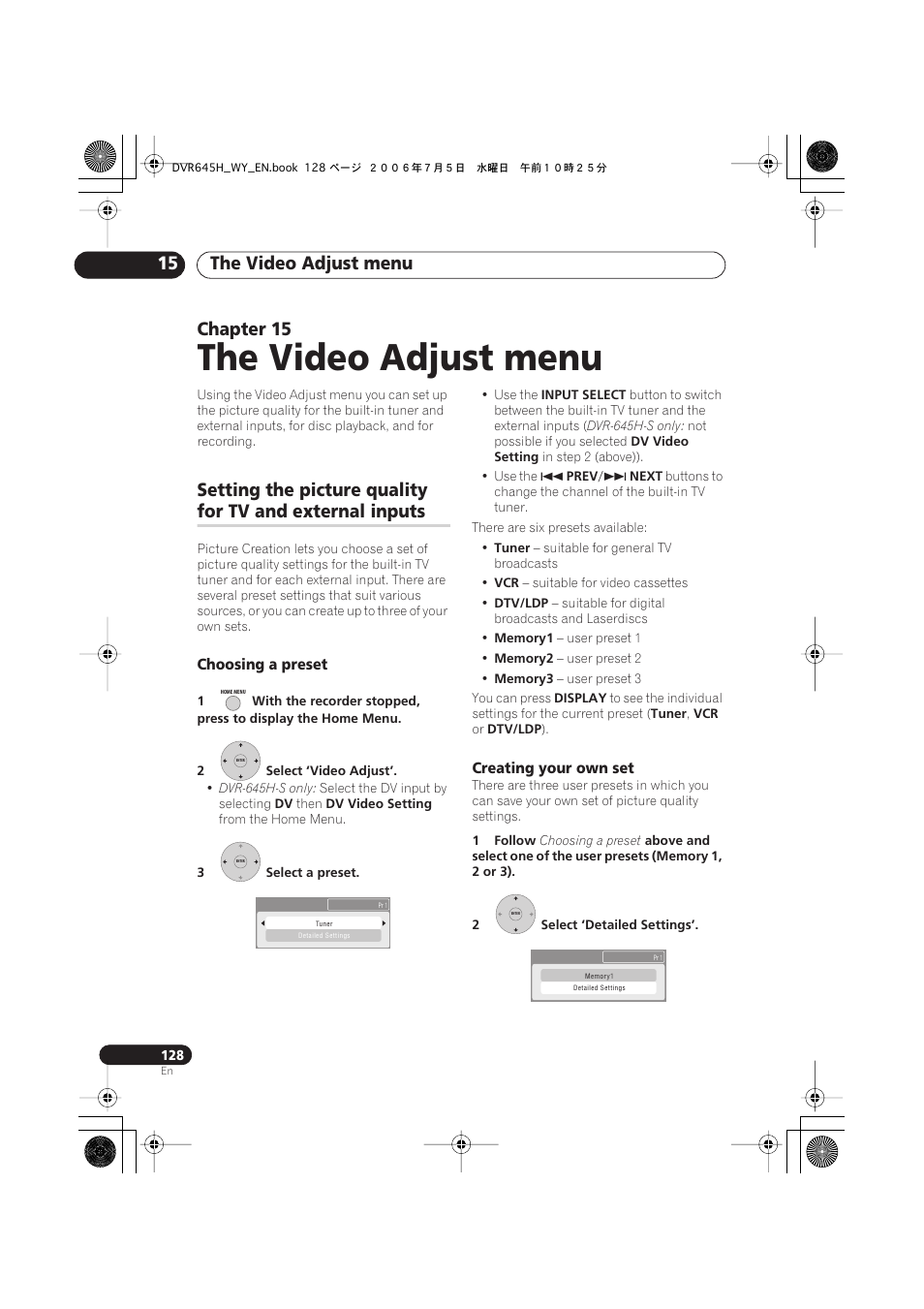 The video adjust menu, The video adjust menu 15, Chapter 15 | Setting the picture quality, For tv and external inputs | Pioneer DVR-545H-S User Manual | Page 128 / 163