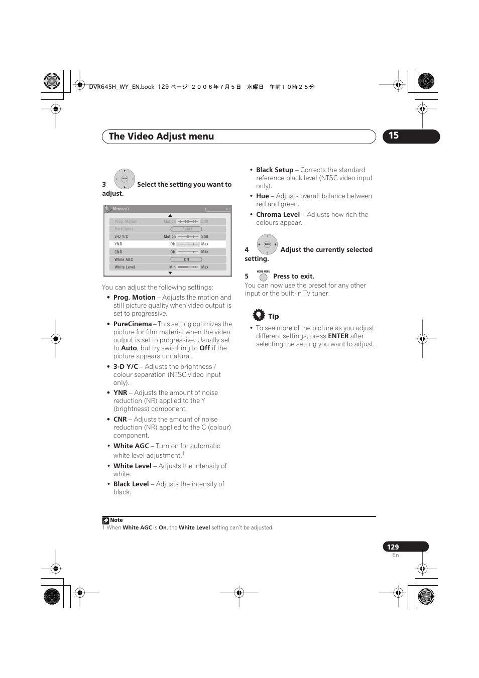 The video adjust menu 15 | Pioneer DVR-545H-S User Manual | Page 129 / 163