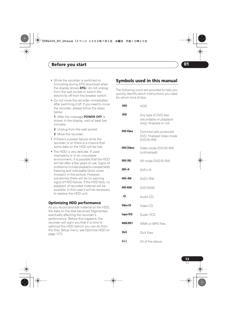 Before you start 01, Symbols used in this manual | Pioneer DVR-545H-S User Manual | Page 13 / 163