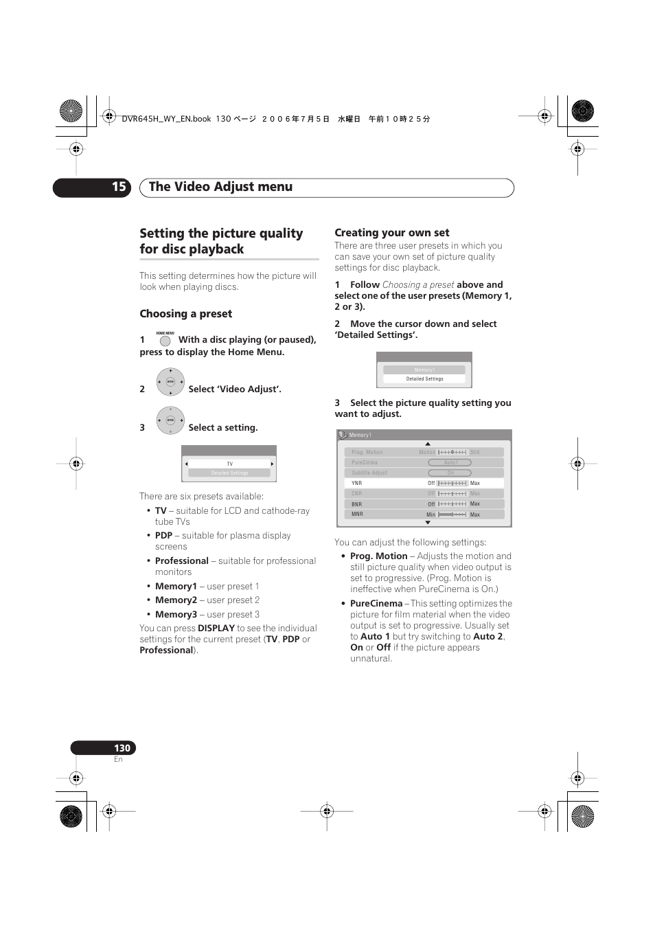 The video adjust menu 15, Setting the picture quality, For disc playback | Choosing a preset, Creating your own set | Pioneer DVR-545H-S User Manual | Page 130 / 163