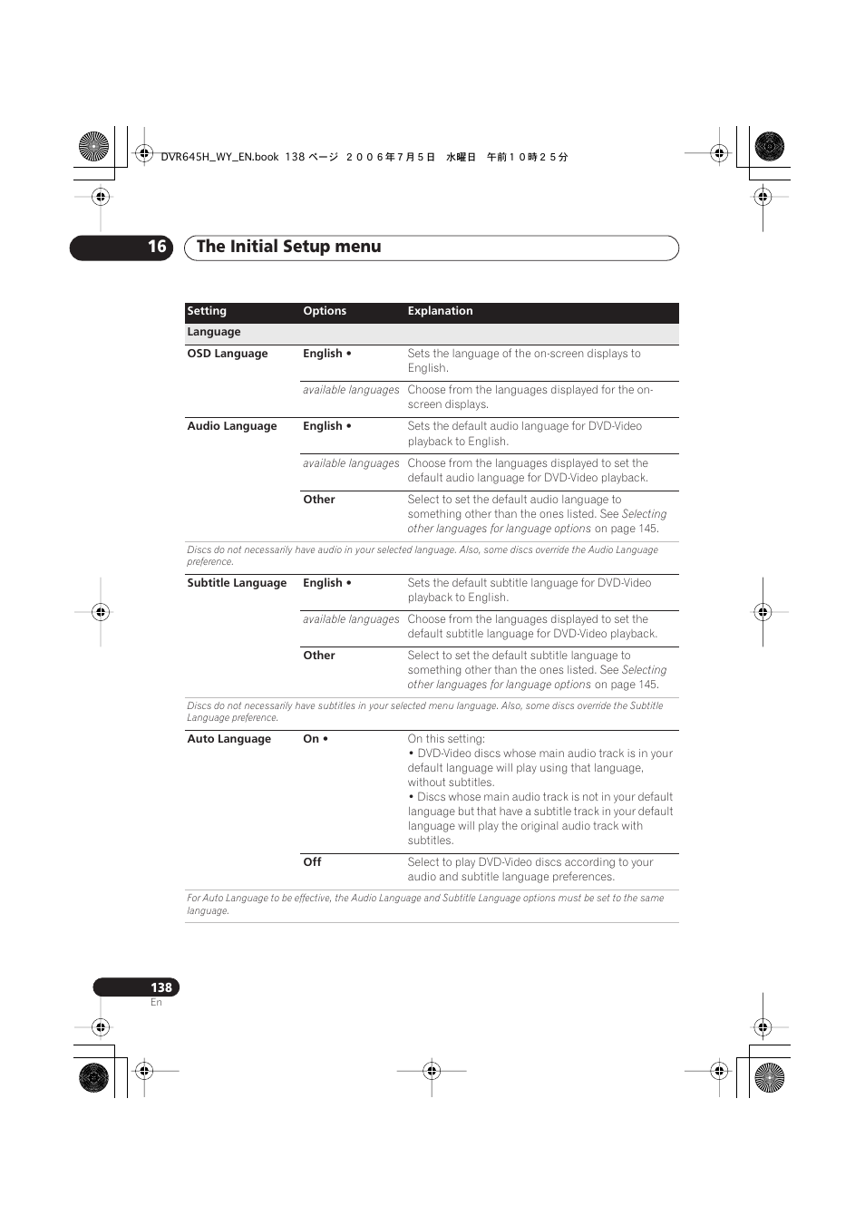 The initial setup menu 16 | Pioneer DVR-545H-S User Manual | Page 138 / 163