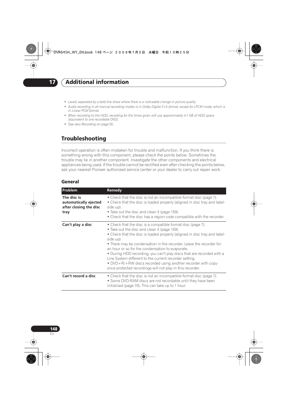 Additional information 17, Troubleshooting | Pioneer DVR-545H-S User Manual | Page 148 / 163