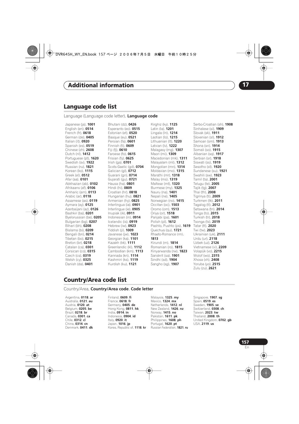 Additional information 17, Language code list, Country/area code list | Pioneer DVR-545H-S User Manual | Page 157 / 163