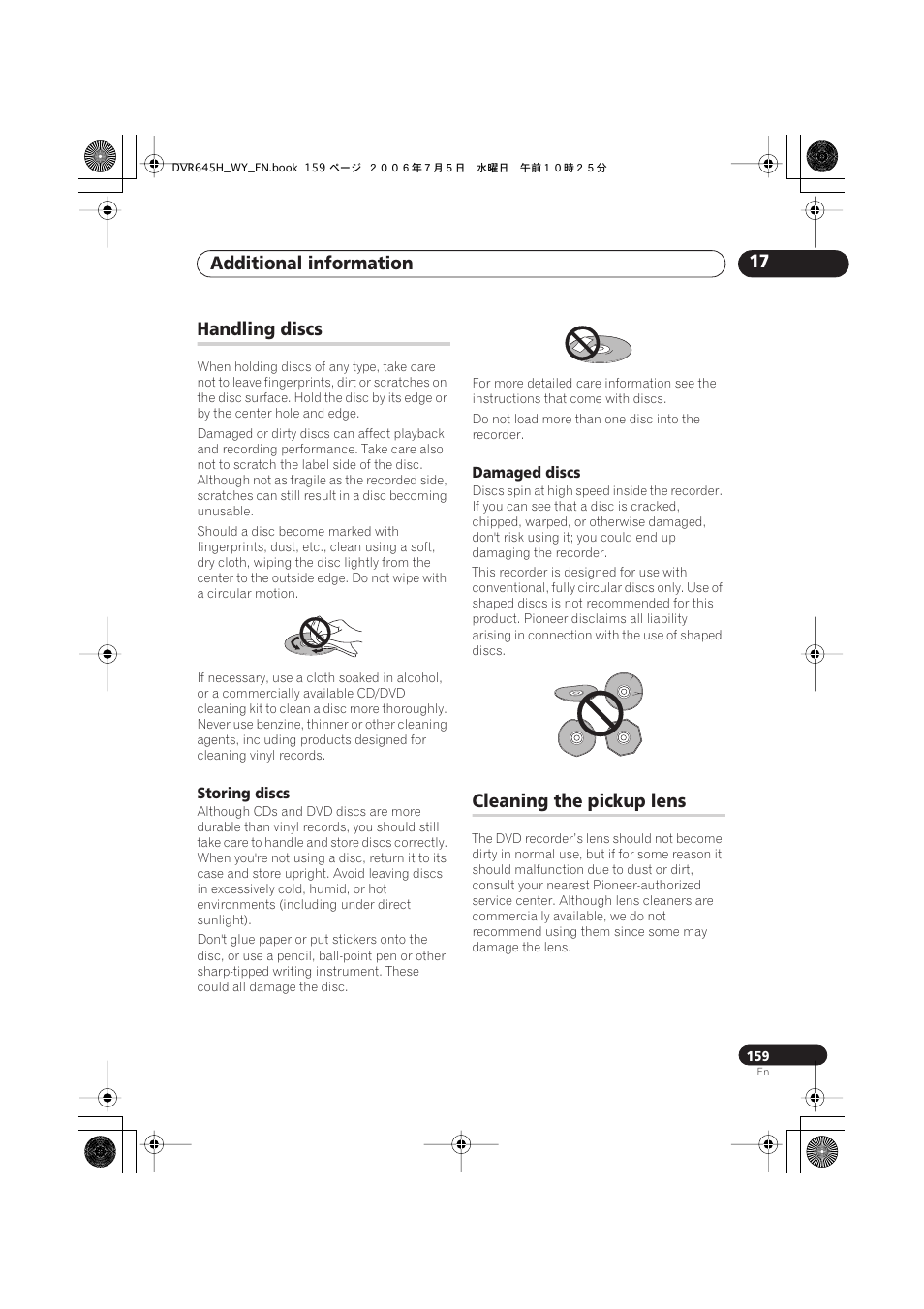 Additional information 17, Handling discs, Cleaning the pickup lens | Pioneer DVR-545H-S User Manual | Page 159 / 163