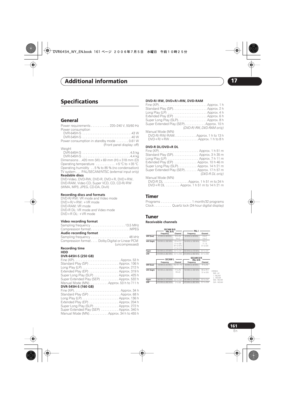 Additional information 17, Specifications, General | Timer, Tuner | Pioneer DVR-545H-S User Manual | Page 161 / 163