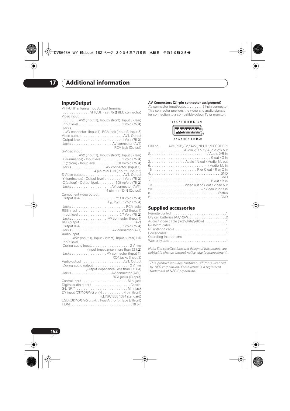 Additional information 17, Input/output, Supplied accessories | Pioneer DVR-545H-S User Manual | Page 162 / 163