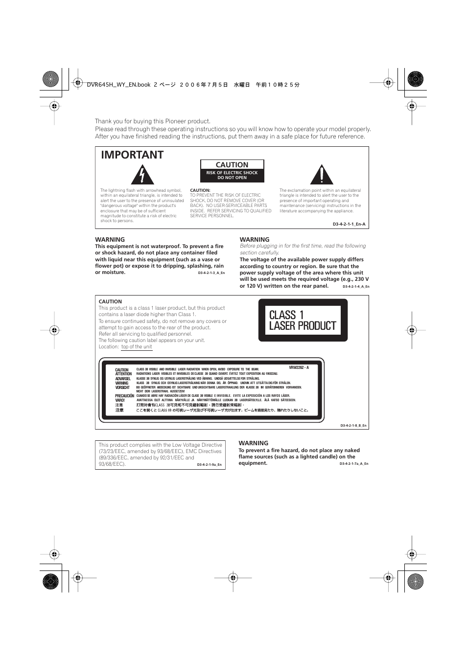 Important, Caution | Pioneer DVR-545H-S User Manual | Page 2 / 163