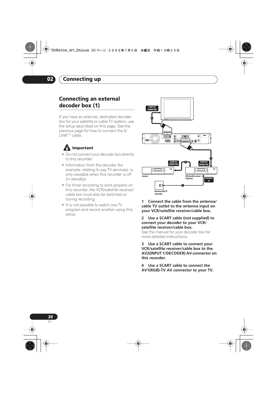 Connecting up 02, Connecting an external, Decoder box (1) | Coaxial in, Output, Input3 hdmi out, Important | Pioneer DVR-545H-S User Manual | Page 20 / 163