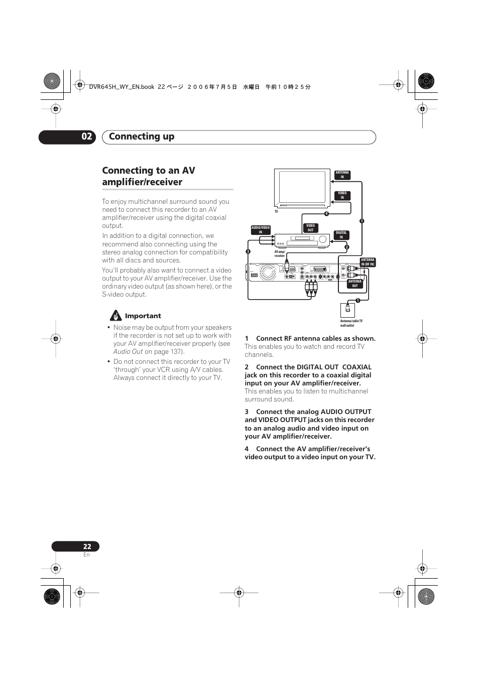 Connecting up 02, Connecting to an av, Amplifier/receiver | Coaxial in, Output, Input3 hdmi out | Pioneer DVR-545H-S User Manual | Page 22 / 163