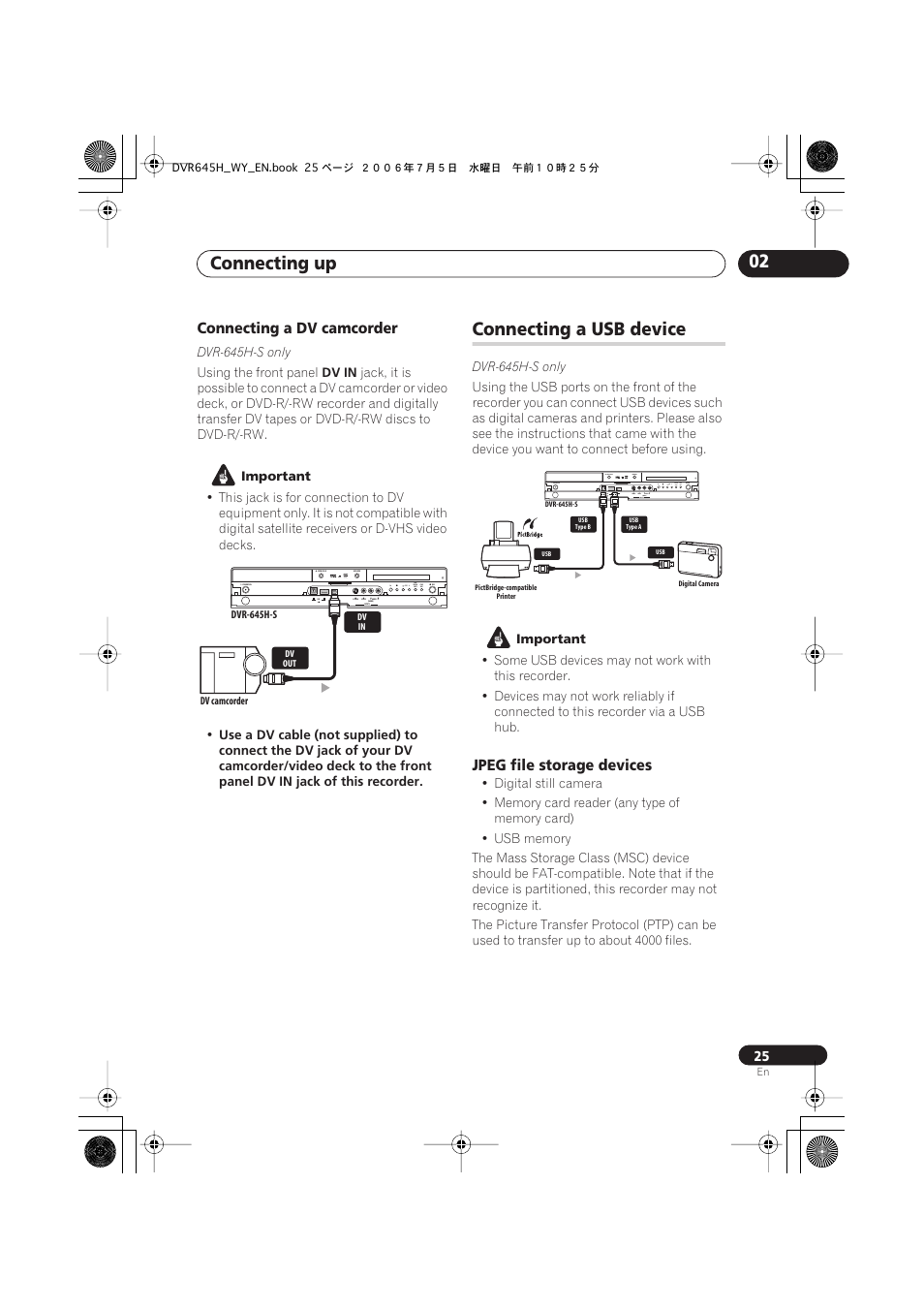 Connecting up 02, Connecting a usb device, Connecting a dv camcorder | Jpeg file storage devices | Pioneer DVR-545H-S User Manual | Page 25 / 163