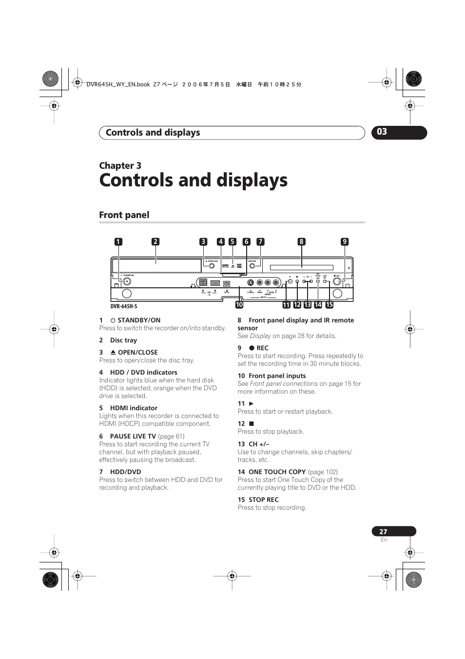 Controls and displays, Controls and displays 03, Chapter 3 | Front panel | Pioneer DVR-545H-S User Manual | Page 27 / 163