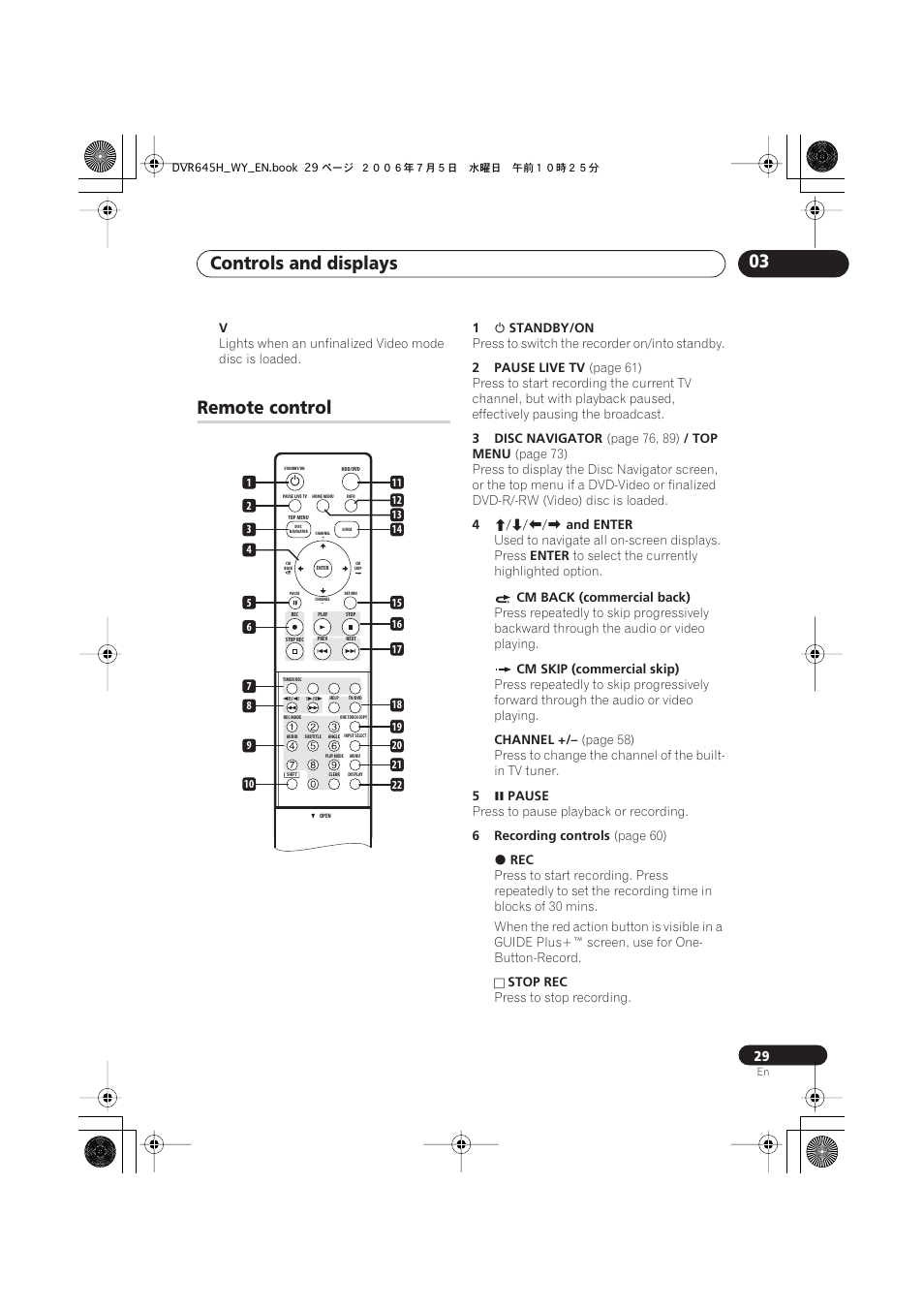 Controls and displays 03, Remote control | Pioneer DVR-545H-S User Manual | Page 29 / 163