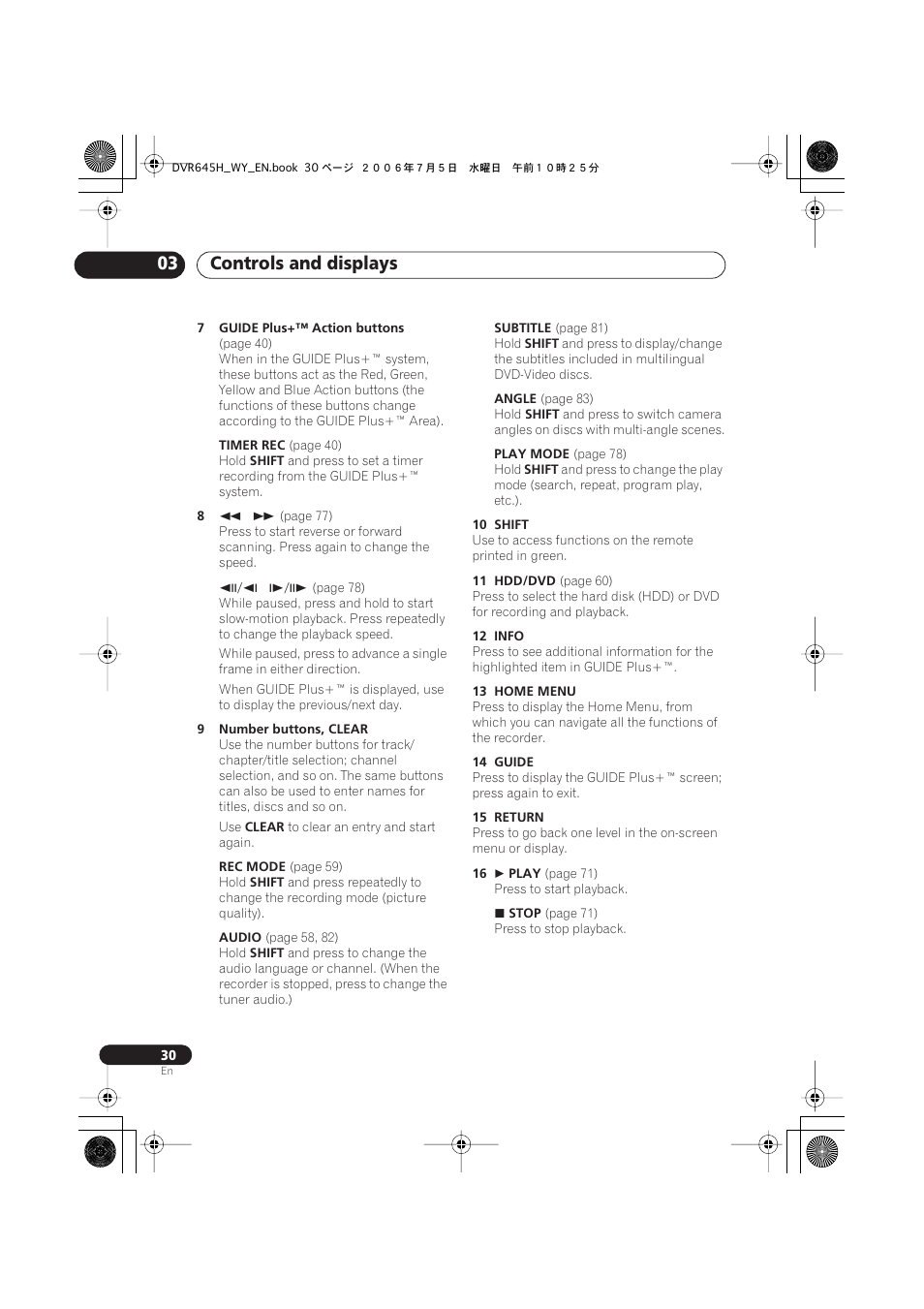 Controls and displays 03 | Pioneer DVR-545H-S User Manual | Page 30 / 163