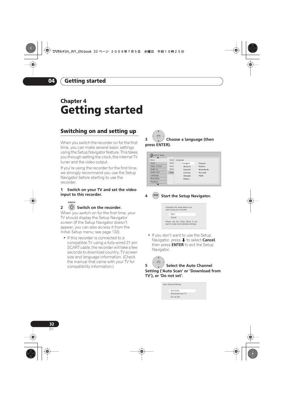 Getting started, Getting started 04, Chapter 4 | Switching on and setting up | Pioneer DVR-545H-S User Manual | Page 32 / 163