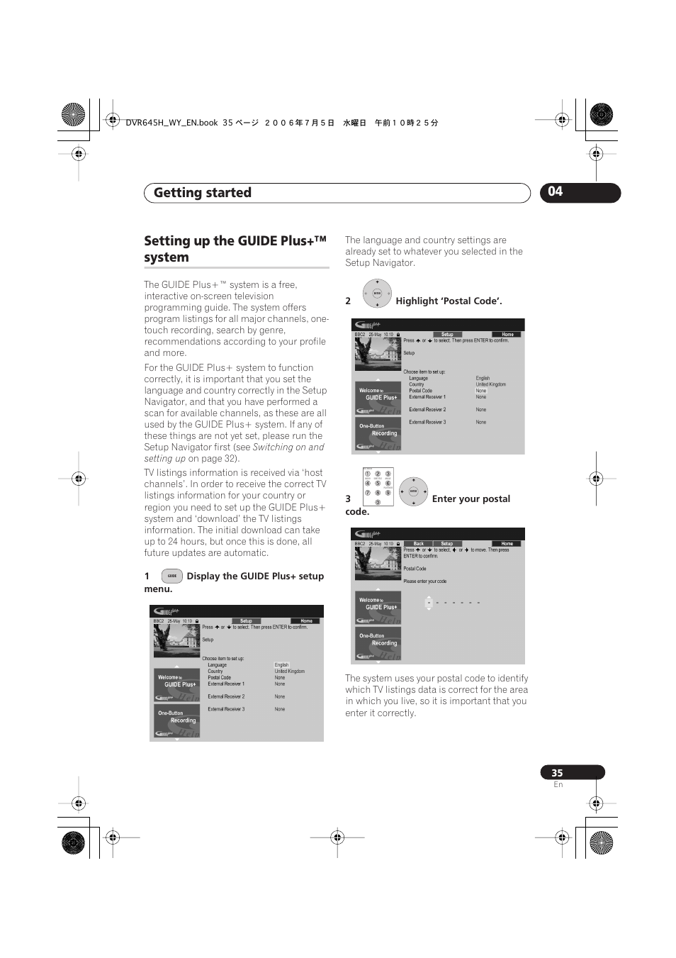 Getting started 04, Setting up the guide plus, System | Pioneer DVR-545H-S User Manual | Page 35 / 163