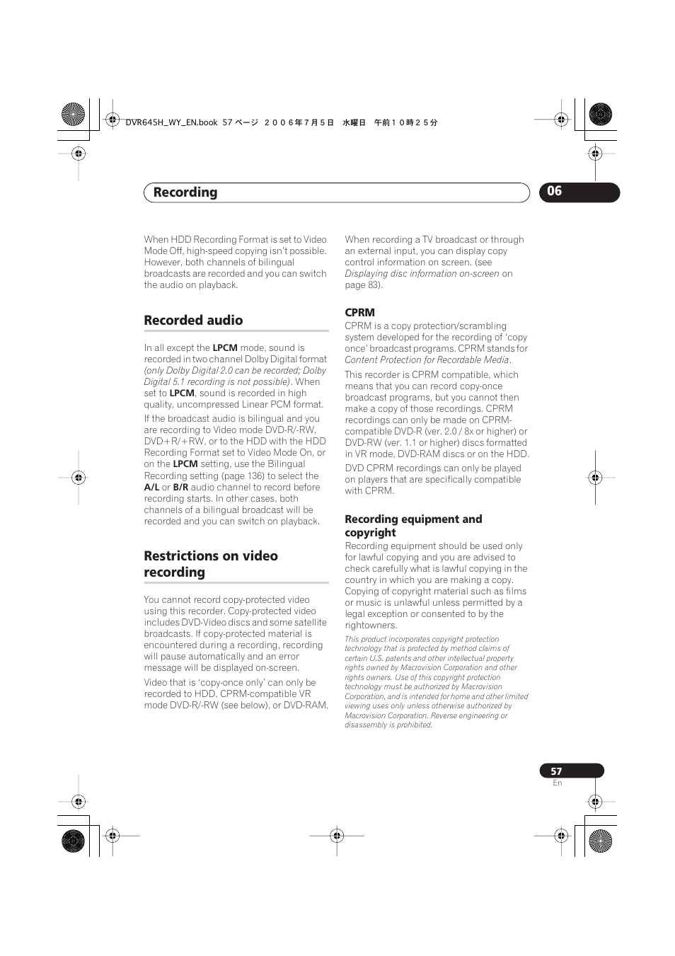 Recording 06, Recorded audio, Restrictions on video | Recording | Pioneer DVR-545H-S User Manual | Page 57 / 163