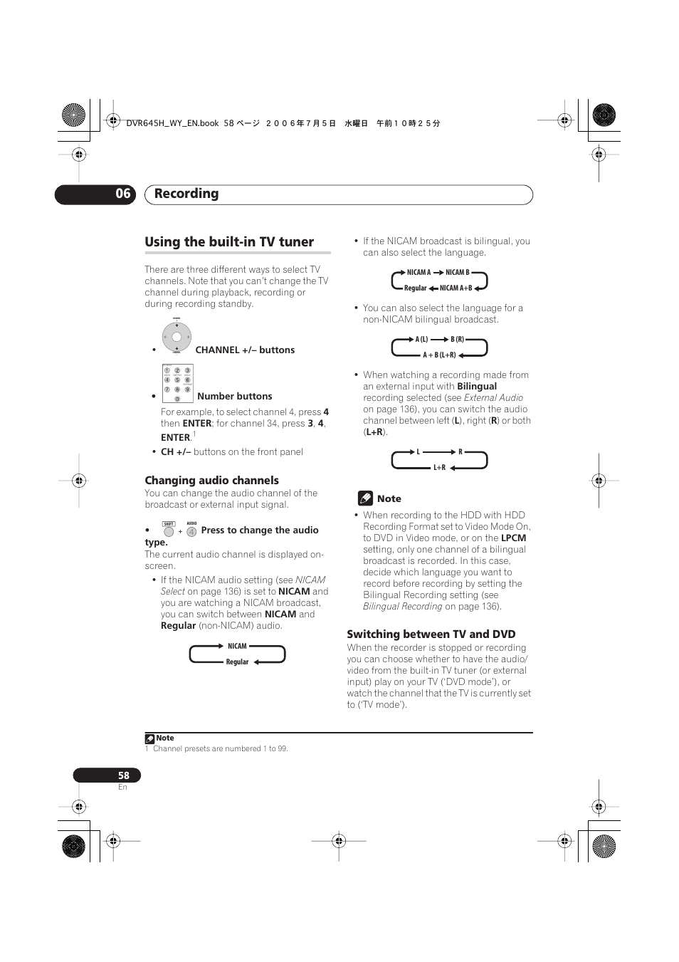 Recording 06, Using the built-in tv tuner | Pioneer DVR-545H-S User Manual | Page 58 / 163