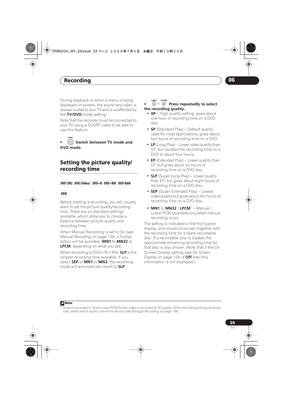 Recording 06, Setting the picture quality, Recording time | Pioneer DVR-545H-S User Manual | Page 59 / 163