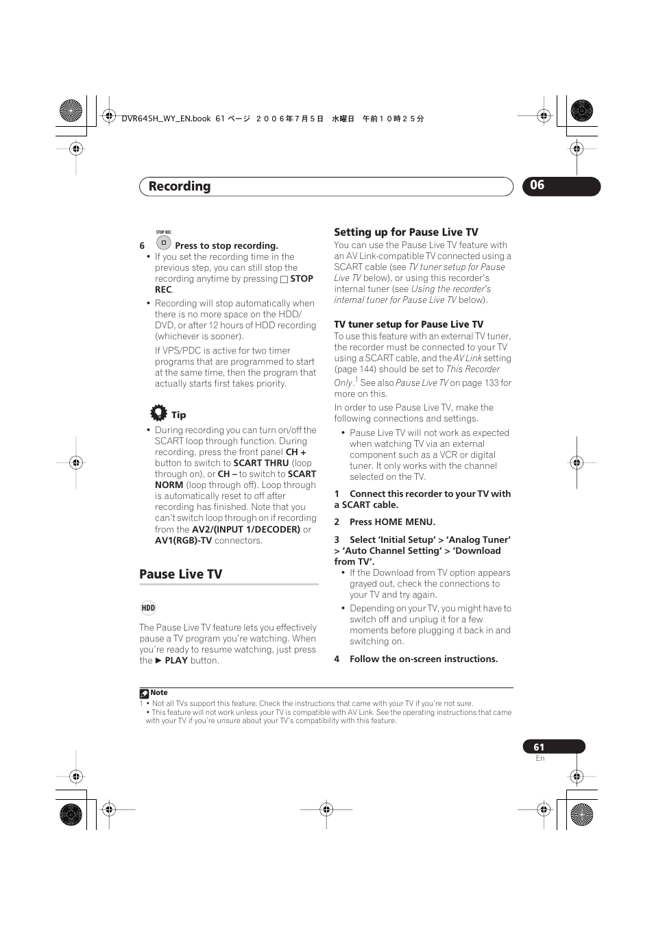 Recording 06, Pause live tv | Pioneer DVR-545H-S User Manual | Page 61 / 163