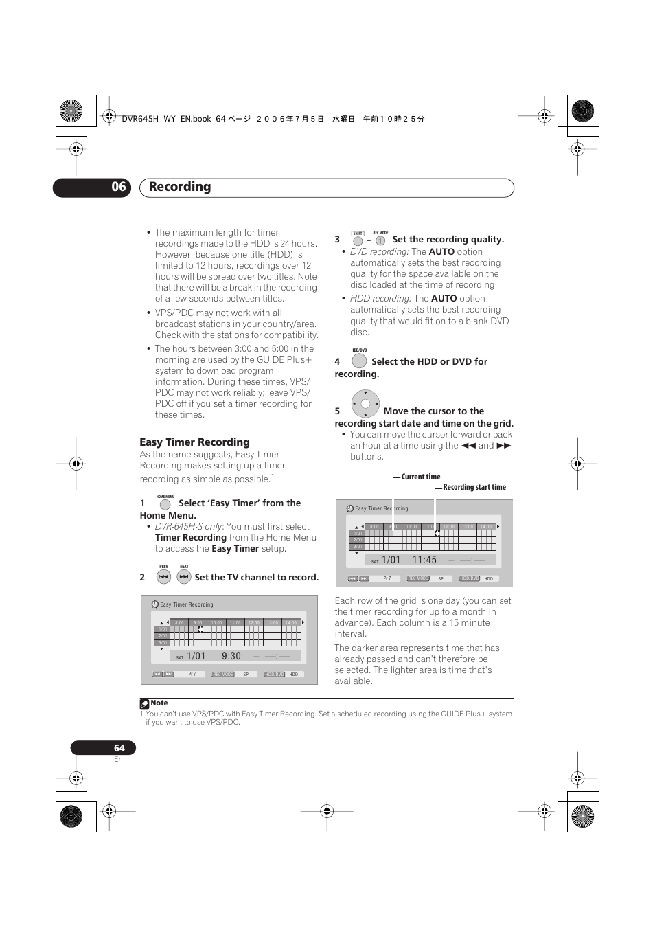 Recording 06, Easy timer recording | Pioneer DVR-545H-S User Manual | Page 64 / 163