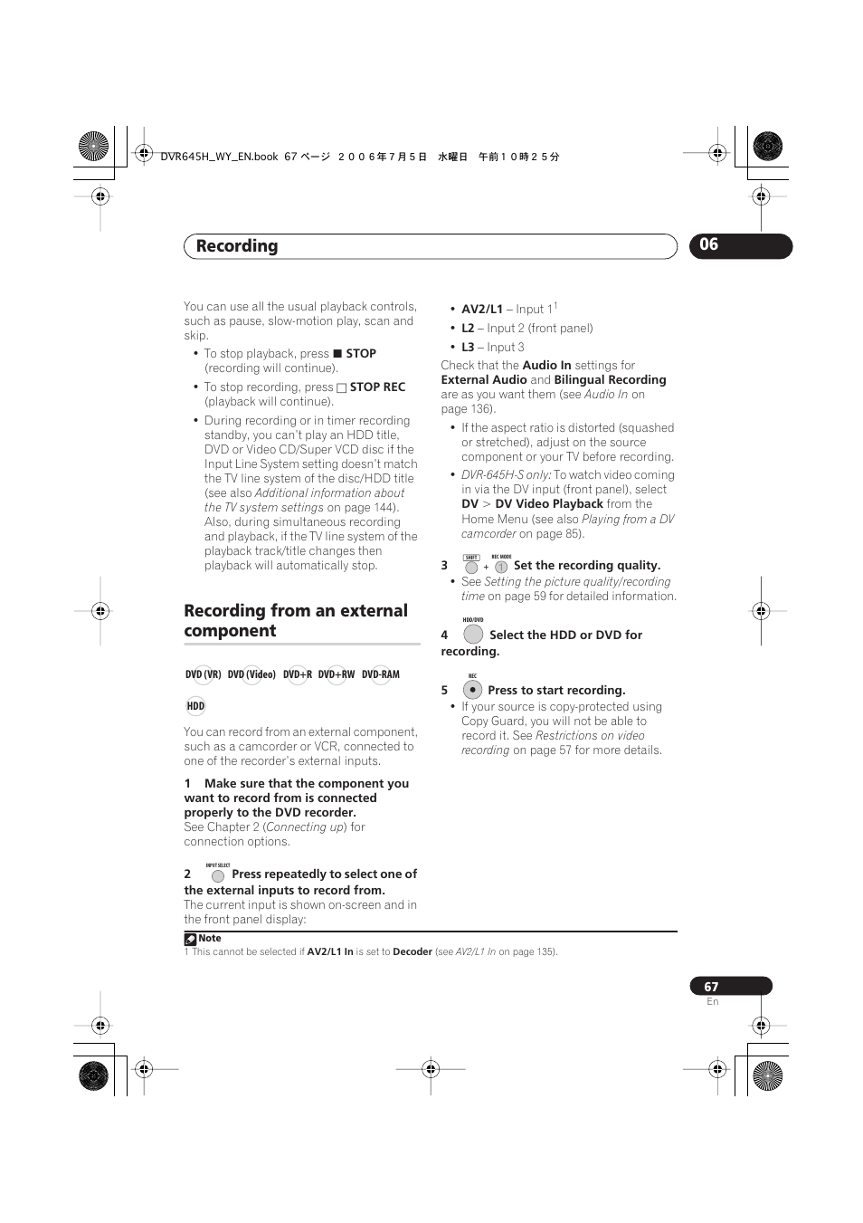 Recording 06, Recording from an external, Component | Pioneer DVR-545H-S User Manual | Page 67 / 163