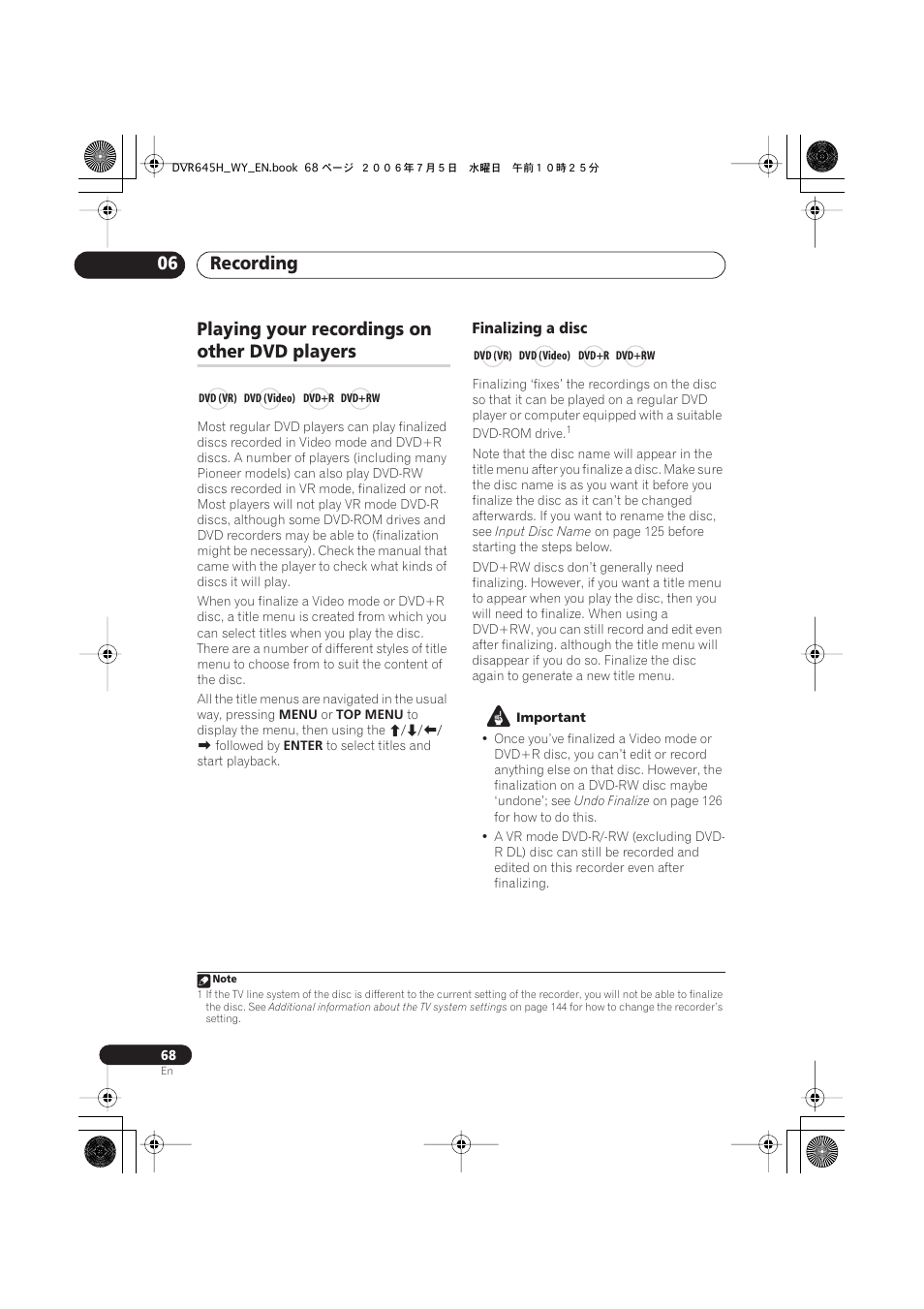 Recording 06, Playing your recordings on, Other dvd players | Pioneer DVR-545H-S User Manual | Page 68 / 163