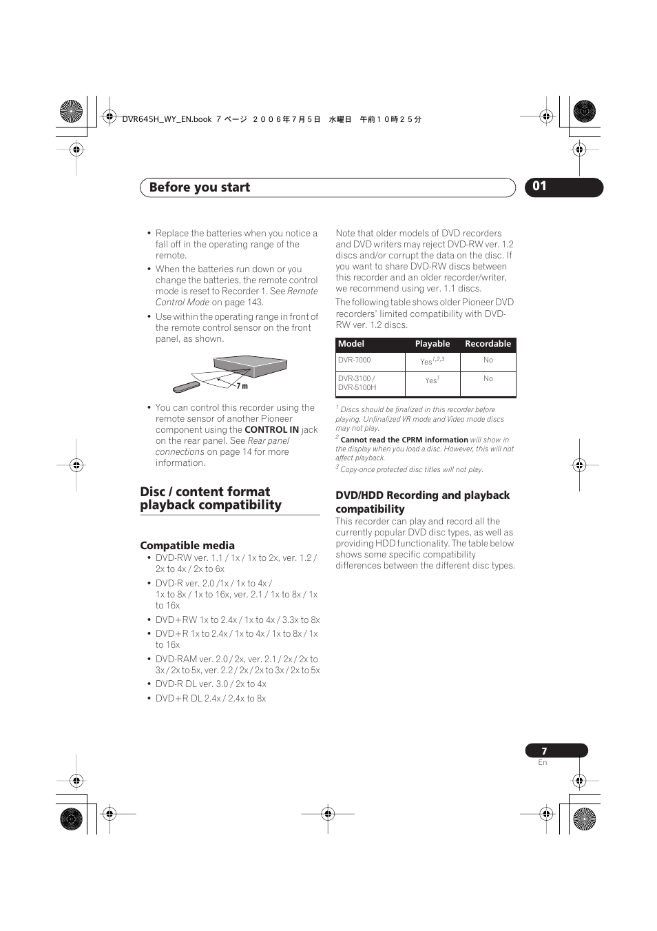 Before you start 01, Disc / content format, Playback compatibility | Compatible media, Dvd/hdd recording and playback compatibility | Pioneer DVR-545H-S User Manual | Page 7 / 163