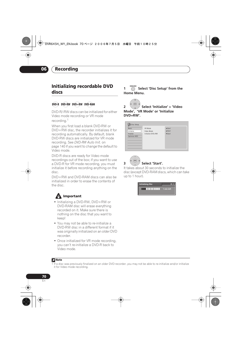 Recording 06, Initializing recordable dvd, Discs | Pioneer DVR-545H-S User Manual | Page 70 / 163