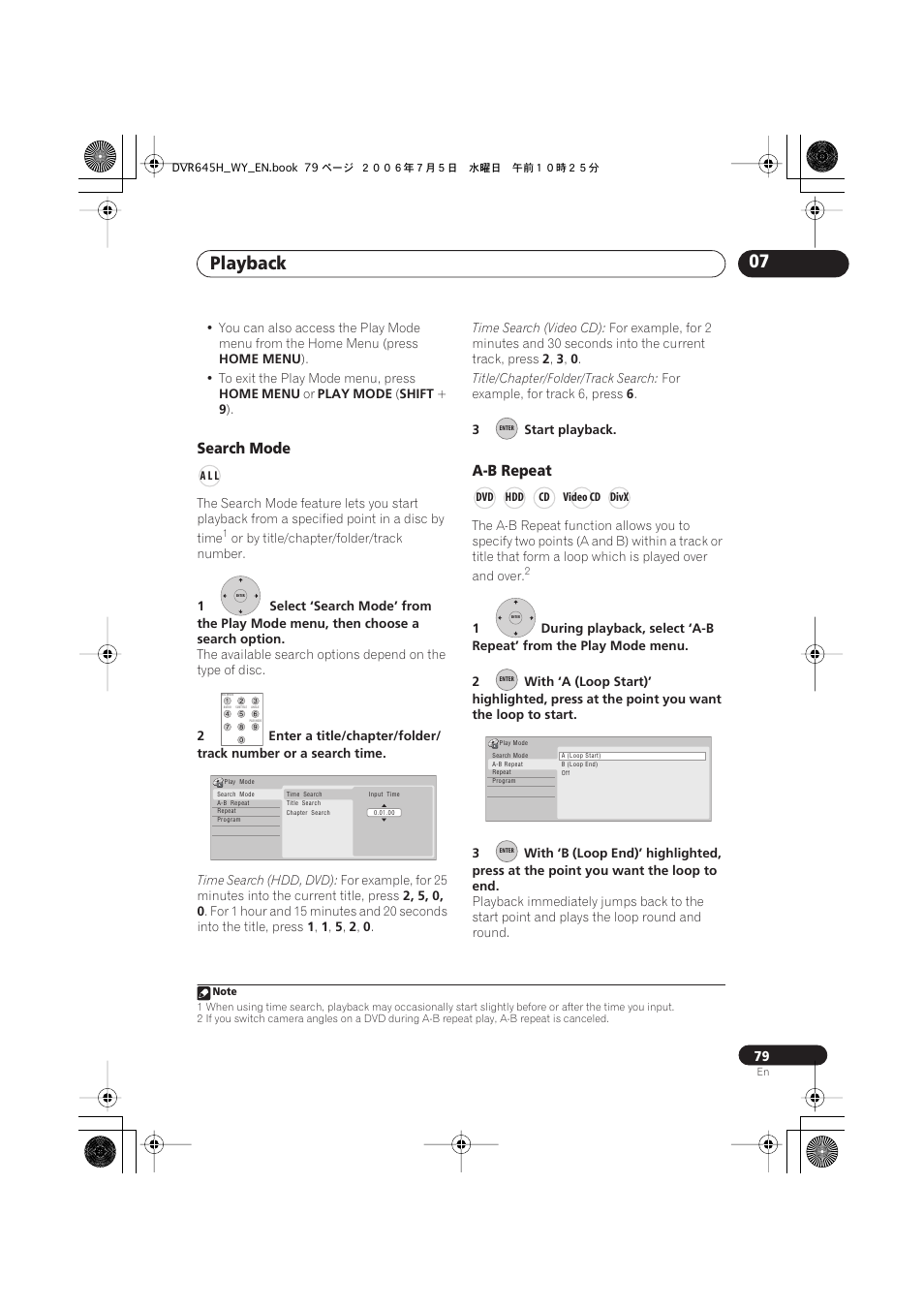 Playback 07, Search mode, A-b repeat | Pioneer DVR-545H-S User Manual | Page 79 / 163